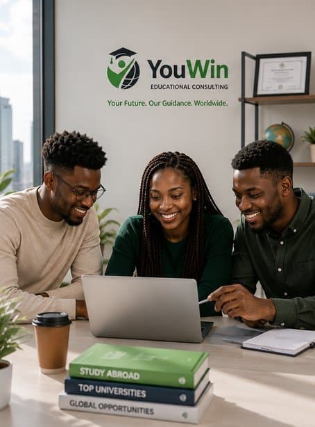 Students researching universities together with a YouWin advisor at the office