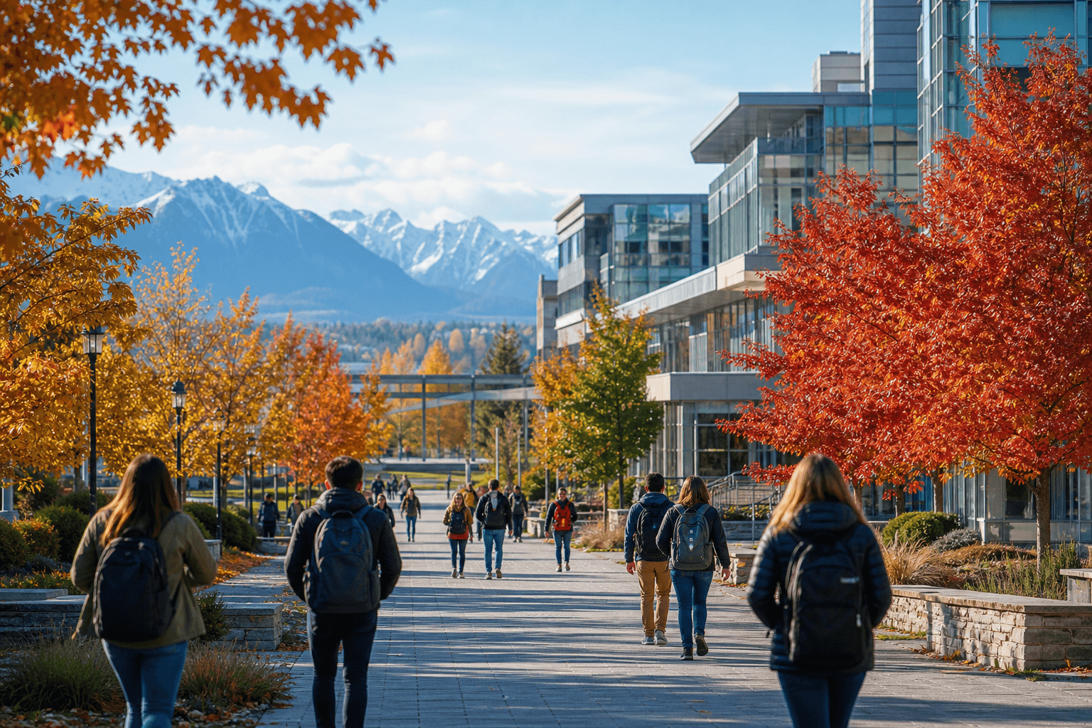 Canadian university campus with autumn maple trees for international students