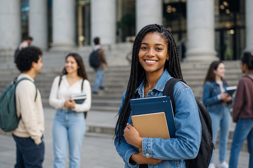 Smiling student holding her books on a university campus, with fellow students behind her